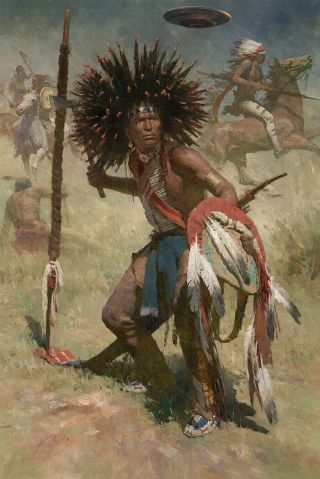 Native American Indian Warrior Soldier Man Aliens Ufo War Oil Painting Wild West