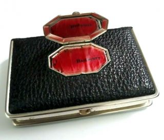 Vintage Art Deco Mondaine Black Leather Vanity Compact With Rouge On Top Lid.