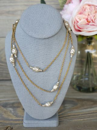 Vtg Signed Miriam Haskell Gold Tone Chain Faux Pearl Rhinestone Necklace