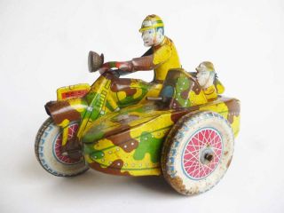 Japan Clockwork Tin Toy Motorcycle Sidecar Nomura (tn) - Military