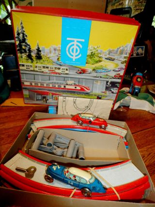 Vintage Tippco Race Car Set Tin Wind Up Toy W Box W Germany