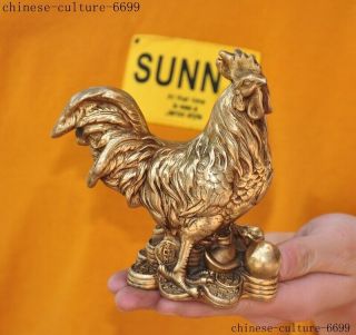 China Feng Shui Brass Wealth Coin Auspicious Zodiac Animal Cock Chicken Statue