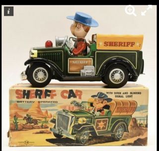 Rare Showa Vintage Battery Operated Tin Sheriff Car With Sirens And Lights