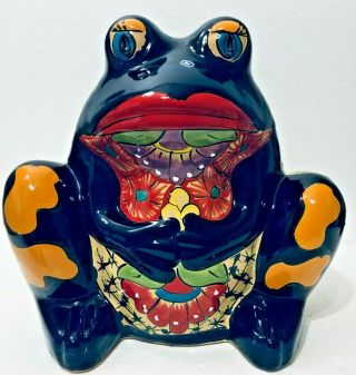 Talavera Mexican Pottery Large Planter Blue Frog Pot Ceramic Folk Art 15 "