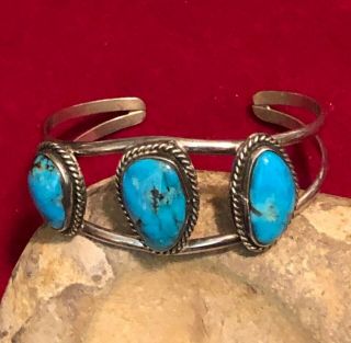 Turquoise And Silver Navajo Cuff Bracelet Signed Pretty Blue Native American