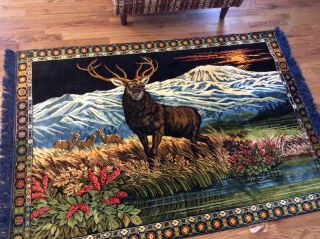 Vintage P&c Velvet Tapestry Fringed Deer Buck Italian Wall Hanging Rug 50”x 76”
