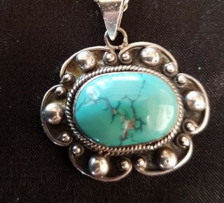 Vintage Sterling Silver Blue Turquoise Matrix Stone Pendant Necklace & Ss Chain
