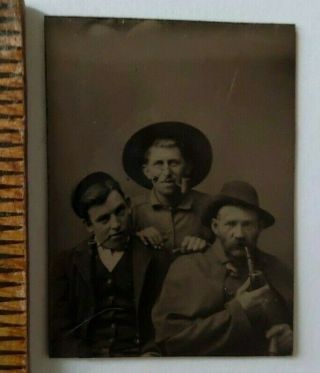 Gem Tintype Three Good Looking Men With Pipes Tintype Antique Photo