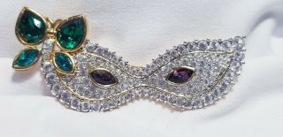 Vintage Gold Swan Swarovski Crystal Mardi Gras Mask Green Butterfly Brooch Pin