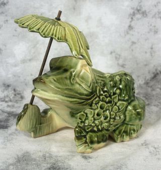 Vintage Mccoy Green Pottery Frog W/ Umbrella Parasol Planter Pot