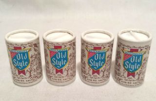 4 Vintage Old Style Mini Beer Can Salt Shakers - Still Full