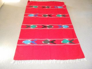 Mexican Zapotec Wool Blanket Rug Fish Red Blue Green Gray & Black 49.  5 " X 80 "