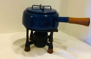 Dansk Kobenstyle Vintage Mid Century Blue Enamel Fondue Pot And Warmer.
