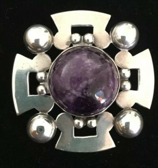 Vintage Signed Mexican Sterling Silver Inlaid Stones Pin Brooch
