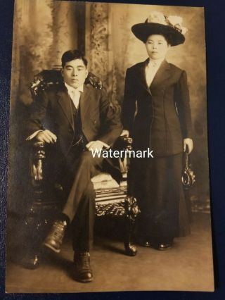 Vintage Old Photo Good - Looking Asian Man Sitting In Suit And Woman In Fancy Hat