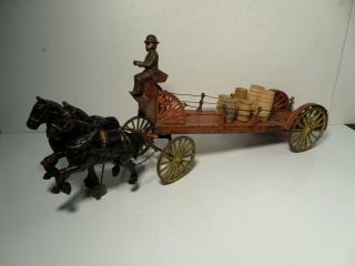 Rare Wilkins Cast Iron & Tin Horse Drawn Farm Dray Cart Wagon - Hubley