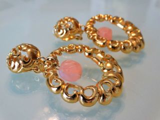 Vtg 80s Givenchy Paris 2.  5 " Gold Pink Lucite Drop Hoop Chandelier Runway Earring