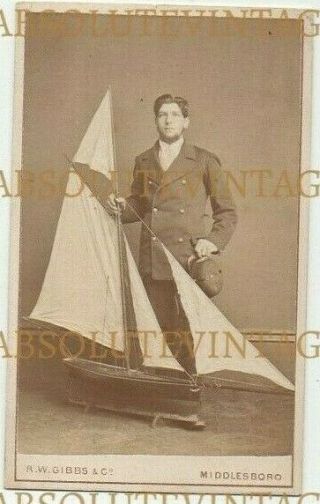 Old Cdv Photo Man In Uniform With Pond Yacht Gibbs & Co.  Middlesborough 1880s
