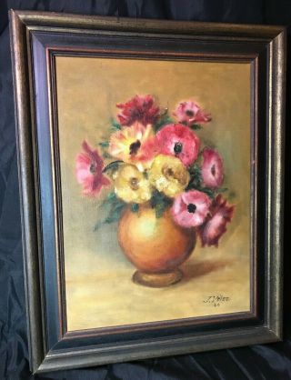 Vintage 1966 Signed Oil Painting On Canvas Framed Still Life Flowers J.  Velez