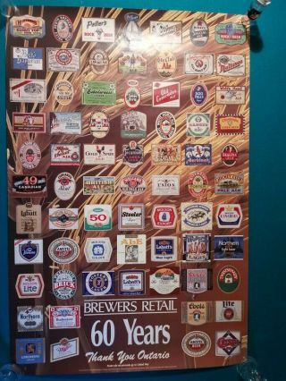 Vintage Antique Canadian Beer Labels Poster Brewers Retail 60th Ann Ontario 1987