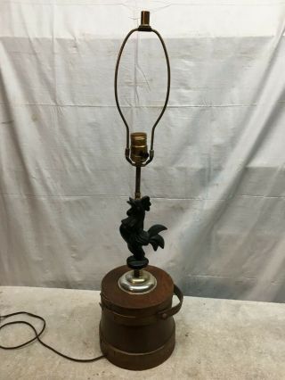Vintage Mid Century Metal Rooster On Wood Churn Bucket Lamp Table Light 28.  5in