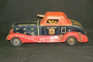 Vintage 1930s Marx G - Man Justice Pursuit Car Tin Litho Wind Up Fbi Police 14 "