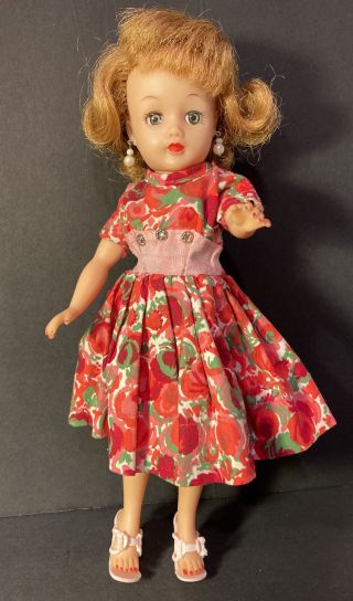 Vintage Ideal Little Miss Revlon 10.  5” Doll In Red Floral Dress Pink Heels Panty