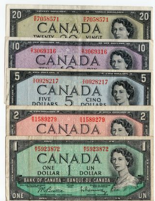 Bank Of Canada 1954 Year Set $1 $2 $5 $10 $20 Decent Vintage Notes