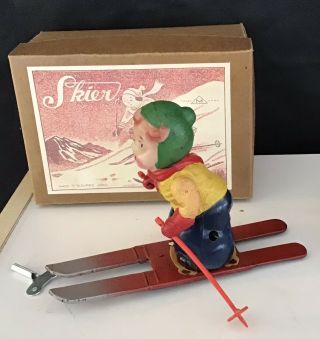 Vintage 1940s Occupied Japan Celluloid Boy On Tin Ski Wind Up Toy Mib