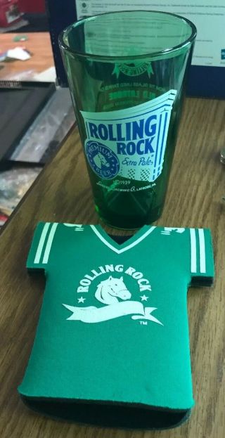 Rolling Rock Green Pint Beer Glass & Bottle Cooler Koozie Shirt Latrobe Brewing