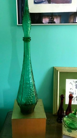 Vtg Tall Green Empoli Decanter Bubble Hobnail Art Glass 22 " Genie Bottle Stopper