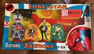 1966 Batman Lone Star Die Cast Batzooka Pop Gun Cork Gun Target Set Mib