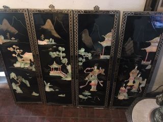 4 Mother Of Pearl And Shell Inlaid Black Lacquer Large Wall Panels With Geishas