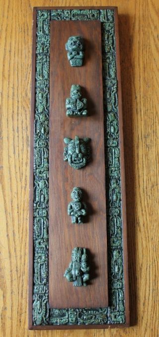 Vintage Aztec Mayan Green Stone Wooden Plaque Wall Hanging Art Mexico Made 1978