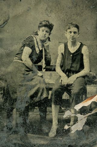 Barefoot Teenage Boy & Girl In Swimming Suits,  Vintage Tintype Photo