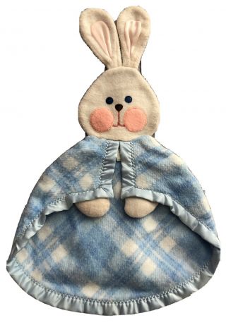 Vintage 1979 Fisher Price Baby Security Blanket Lovey Blue Plaid Bunny Rabbit