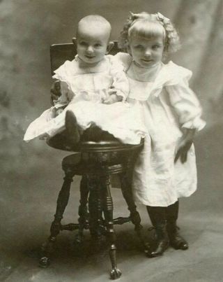 Antique Cabinet Card Photo Two Darling Children Girls W Ruffles & Piano Stool