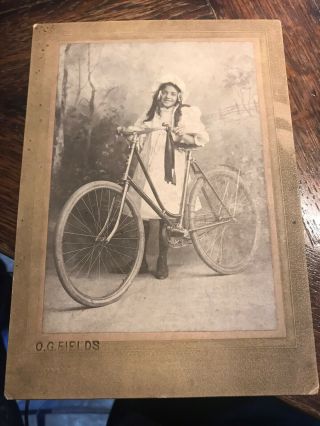 Antique Cabinet Card Photo Little Girl On Bicycle By O.  G Fields