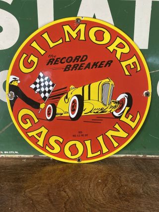 1930 Vintage  Gilmore Gasoline  Special Gas Pump Plate,  Porcelain 12 Inch.