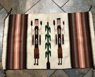 Vintage Navajo Yei & Cornstalk Hand Woven Wool Rug /wall Hanging Appr.  38” X 24”