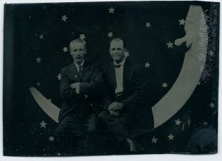Two Casual Men Seated On A Paper Moon 1870s - 1880s 2.  4 " X 3.  2 " Gay Appeal Tintype