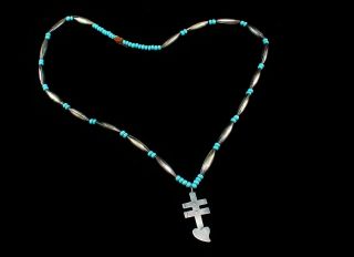 Pueblo Silver Heart Of The Dragonfly Cross Necklace Silver,  Turquoise Beads