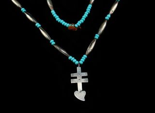 PUEBLO SILVER HEART OF THE DRAGONFLY CROSS NECKLACE SILVER,  TURQUOISE BEADS 2
