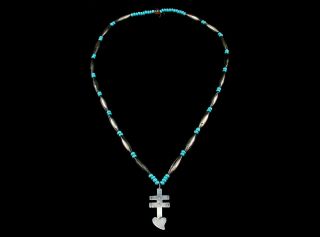 PUEBLO SILVER HEART OF THE DRAGONFLY CROSS NECKLACE SILVER,  TURQUOISE BEADS 3