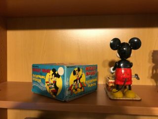 Linemar Japan Disney tin wind - up toy MICKEY MOUSE XYLOPHONE PLAYER w/orig BOX 2