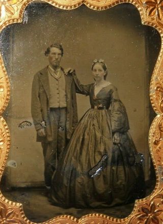 Civil War Era 1/4 Size Tintype,  Young Couple W/ Blue 2 Cent Tax Stamp