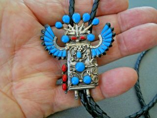 Southwestern Native American Turquoise Coral Sterling Silver 3d Kachina Bolo Tie