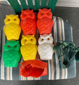Vintage String Of 7 Blow Mold Plastic Owls Patio Rv Camping Party Lights Set