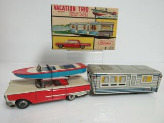 Vintage Straco Japan Tin Friction Vacation Trio Car Boat House Trailer Mib Sb181