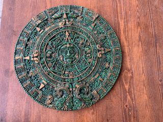 Vintage Wall Hanging Green Mixed Stone Aztec Mayan Calendar 11”